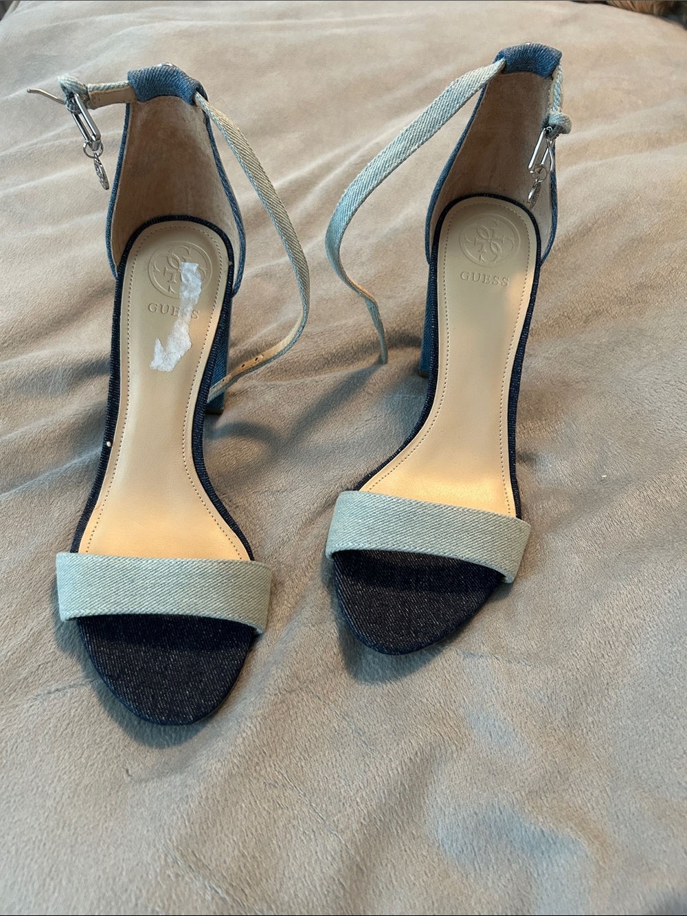 GUESS three -Tone Denim Ankle Strap Heels in Light and Dark Blue
